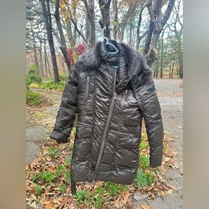 Strenesse Blue Shiny Brown Down Puffer Coat with Real Fur Collar